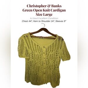 Christopher & Banks Green Open Knit Cardigan Large Button Front Lightweight